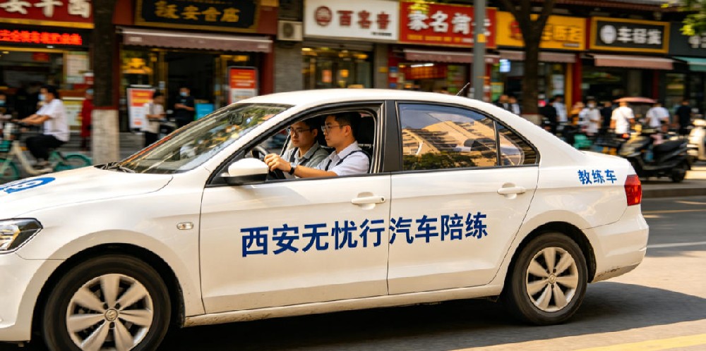 西安碑林区无忧行正规汽车陪练，持证教练带学员城市道路实战练车，自动挡新手上路、停车入库专项一对一陪驾实拍，全城支持上门接送