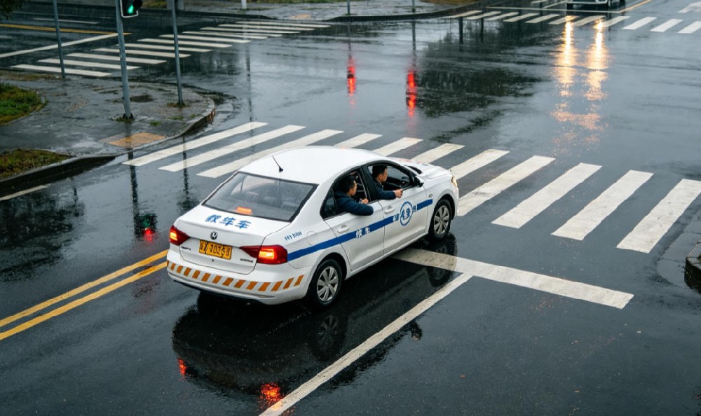 西安雨天汽车陪练，教练陪同学员雨天湿滑路面练车，雨刮工作，车窗起雾实操教学