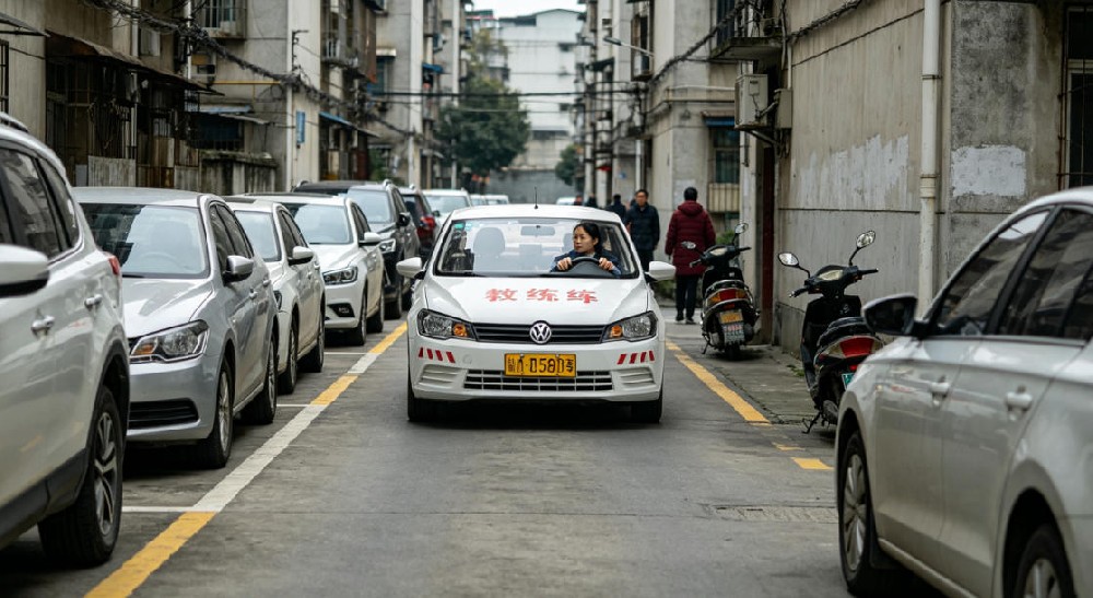西安汽车陪练教练指导学员小区窄路会车避让，练习车身边距判断防剐蹭驾驶技巧
